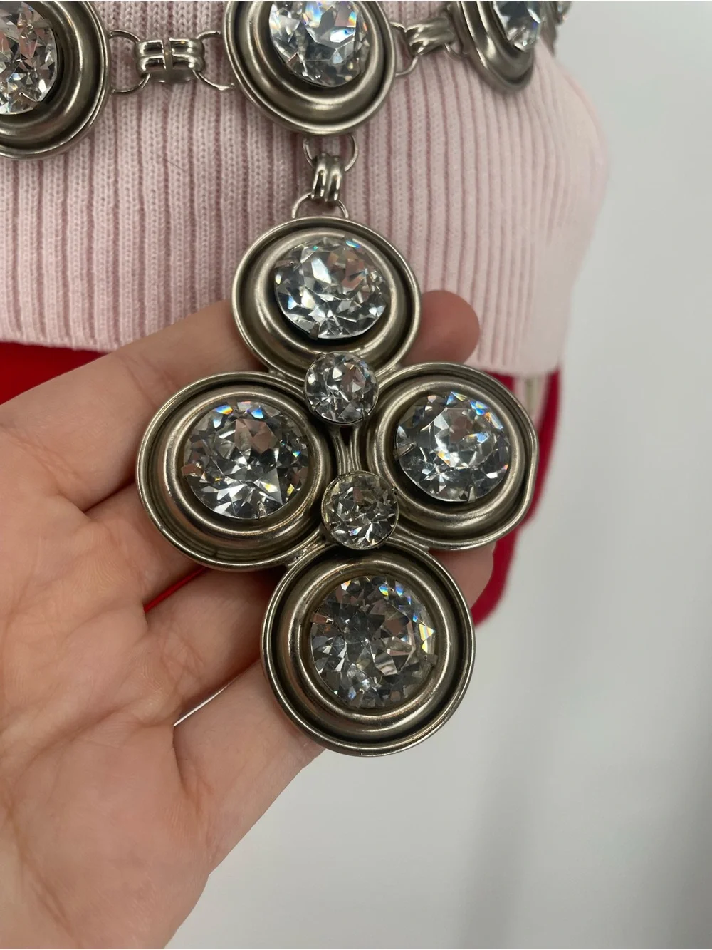 Vintage Chunky Silver Tone Rhinestone Chain Belt Cross Charm Alternative Style
